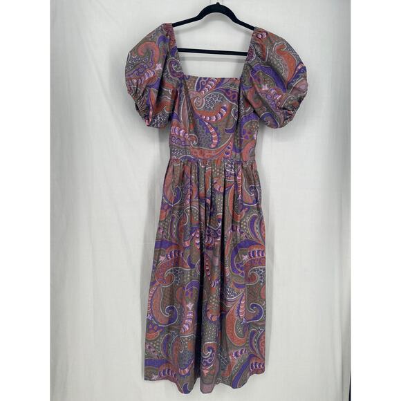 Vintage Kay Unger Dress Small 4 Purple Paidley Midi Pockets Bohemian Cottagecore - Picture 5 of 9